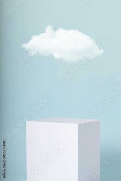 Fototapeta White cube with cloud on blue background. Minimal mock up  for your products.
