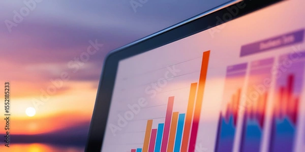 Fototapeta Digital Charts and Graphs Displayed with Sunset Background

