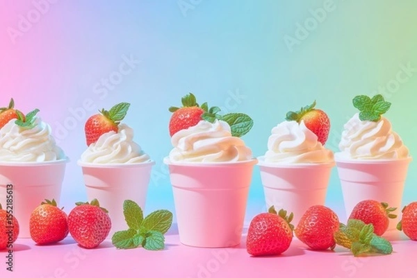 Fototapeta Strawberry soft serve ice cream with fresh mint on pastel background
