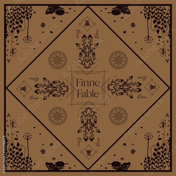 Fototapeta Symmetrical Botanical Cover. Geometric Composition with Butterflies. Ornamental Vintage Frame with Floral Motifs and Sacred Geometry Elements for Posters, Journals, Tarot Cards or Decorative Prints.