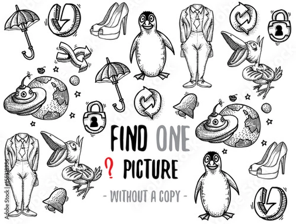 Obraz Find one picture without a copy. Educational game for children with cartoon characters. Characters ready for colouring.