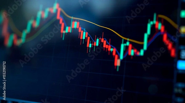 Fototapeta Closeup financial chart with uptrend line candlestick graph in stock market on blue color monitor background, digital stock market or cryptocurrency trading chart displayed on a screen.