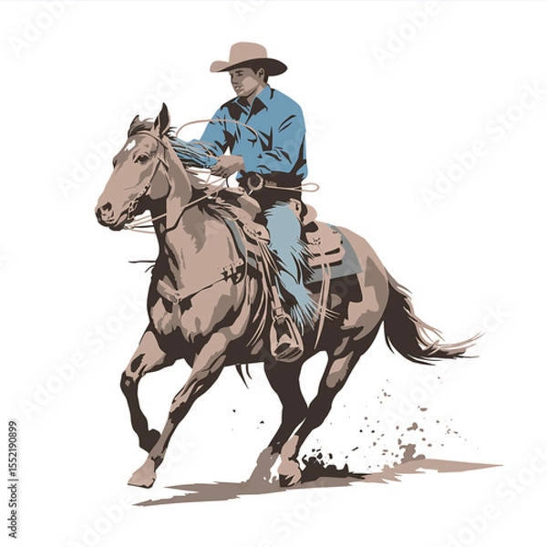 Fototapeta Colorful Vector Illustration of Saddle Bronc rodeo horse with riding cowboy Isolated with dust coming off
