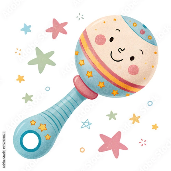 Fototapeta Illustrated baby rattle with a smiling face and colorful stars on a black background design element