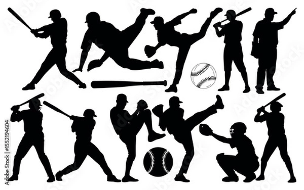 Fototapeta Collection of baseball player actions and equipment silhouette
