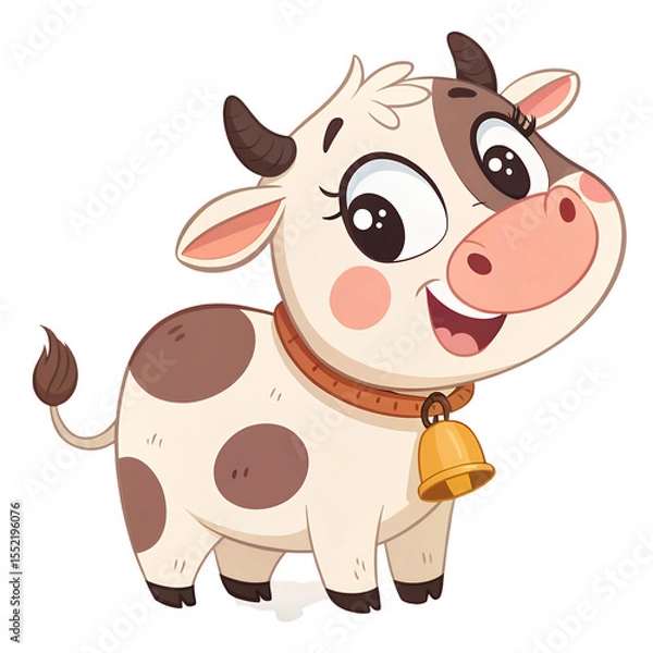 Fototapeta Cartoon cow with brown spots and a bell around its neck isolated on a black background illustration