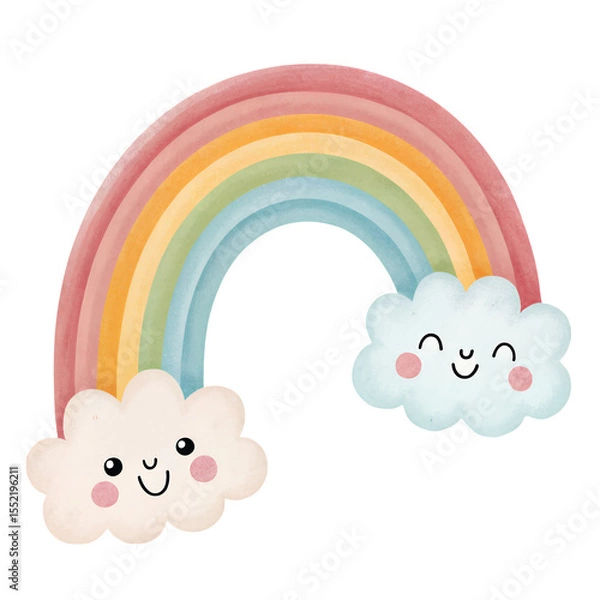 Fototapeta A watercolor illustration of a rainbow with clouds on both ends with smiling faces and rosy cheeks