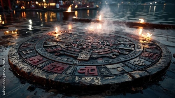 Fototapeta Intricate Circular Stone Floor Glowing Warmly Through Drifting Fog at Night