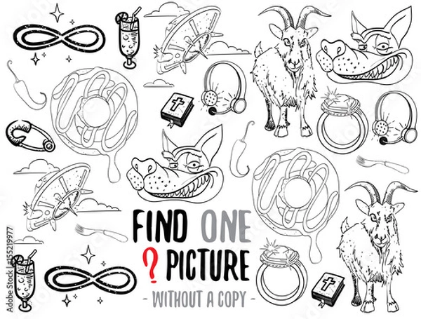 Obraz Find one picture without a copy. Educational game for children with cartoon characters. Characters ready for colouring.