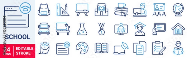 Fototapeta Back to school. Blue icons. Education and e learning. School, university, success, academic, textbook. Vector illustration. Outline icon. Editable stroke.