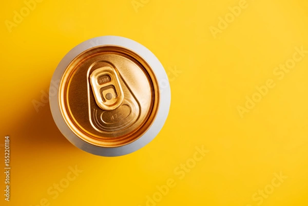 Obraz Top-down view of a golden drink can on a vibrant yellow background. Top view