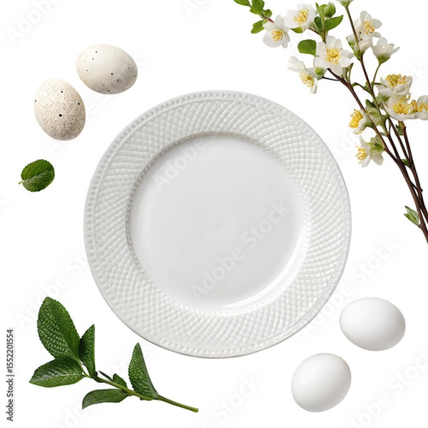 Fototapeta A white plate surrounded by easter eggs and flowering branches on a black background for easter theme