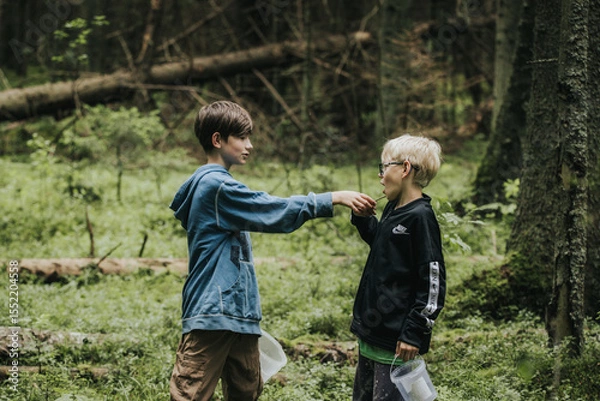 Fototapeta Two boys explore the forest, one handing a small object to the other as they interact curiously, each holding a plastic container for collecting items.