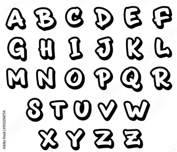 Fototapeta Set of comic style letters, vector comic letters, vector hand drawn comic alphabet A to Z, white letters with outline and shadow