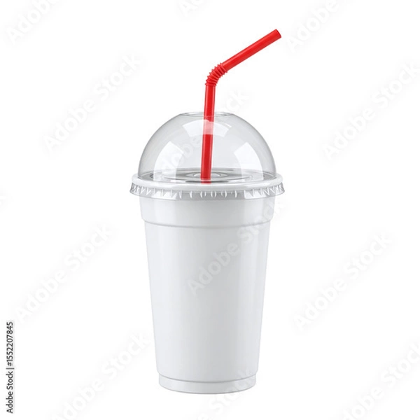 Fototapeta Disposable plastic cup with dome lid and straw, isolated on transparent background