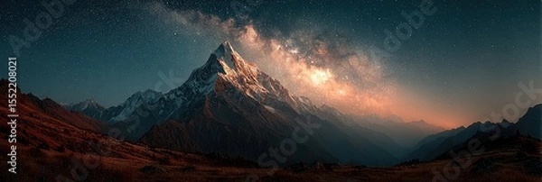 Fototapeta Majestic mountain peak illuminated by stars and the Milky Way at night in a remote location