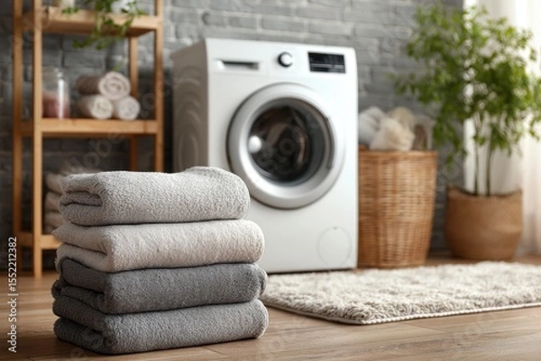 Fototapeta Freshly laundered towels of various shades are neatly stacked near a washing machine in a warm and inviting laundry space