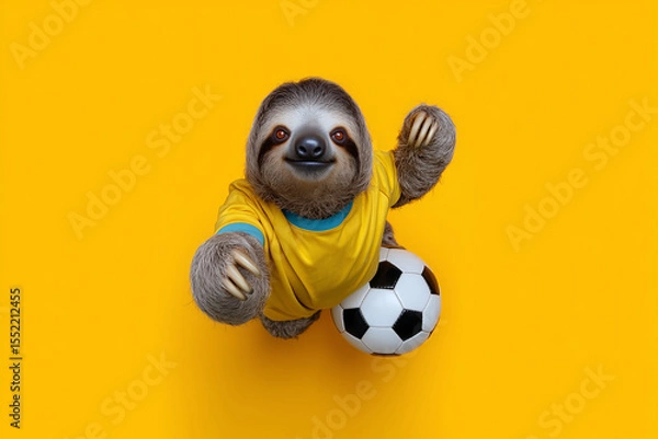 Fototapeta Sloth wearing a yellow jersey cheerfully reaching for a soccer ball on a vibrant yellow backdrop enhancing the playful atmosphere