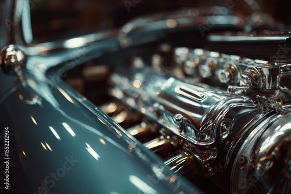 Fototapeta This vintage car engine displays shiny metal components and sophisticated engineering in a well-lit workshop setting