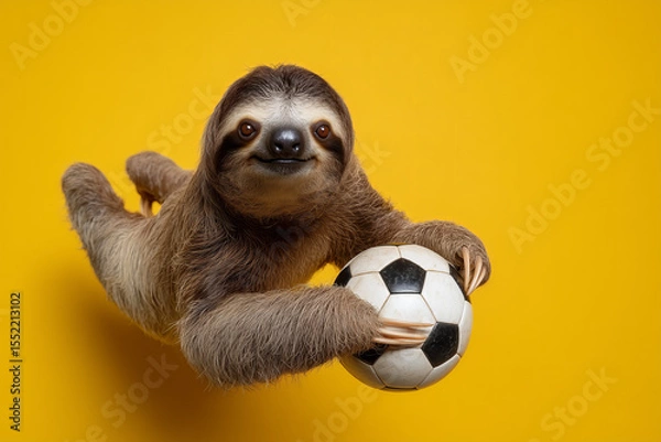 Fototapeta Sloth holding a soccer ball against a bright yellow background showcasing a fun and quirky moment in a playful atmosphere