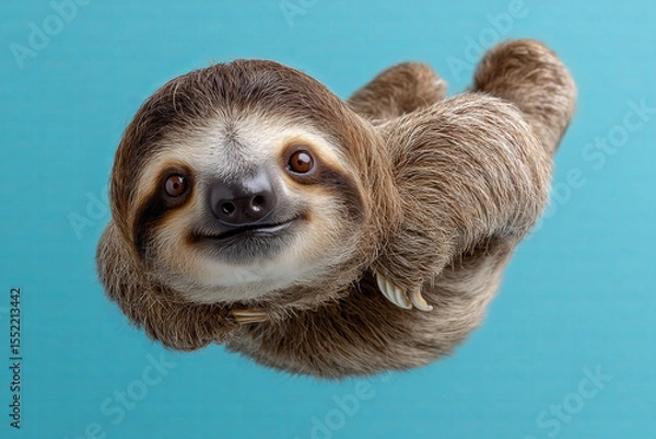 Fototapeta Sloth hanging upside down smiling against a vibrant blue backdrop showcasing its charming features and relaxed demeanor