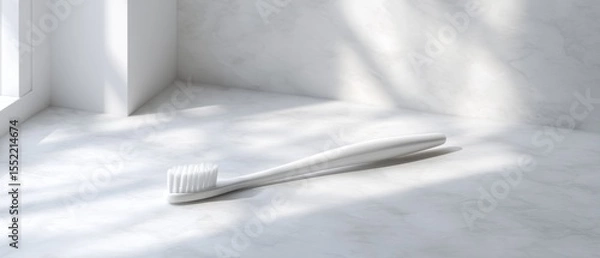 Fototapeta Minimalist Toothbrush Lying on Plain Surface in Bright Bathroom Light