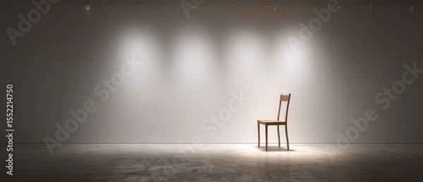 Fototapeta Minimalist Design with Single Wooden Chair in Empty Gallery Space