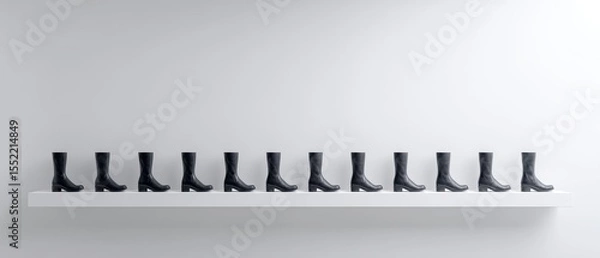 Fototapeta Minimalist Art Installation Featuring Row of Black Boots on Shelf