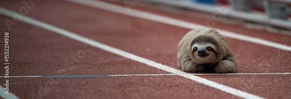 Fototapeta Sloth leisurely resting on a running track, showcasing its relaxed nature and unique appearance in a vibrant sports environment during the day