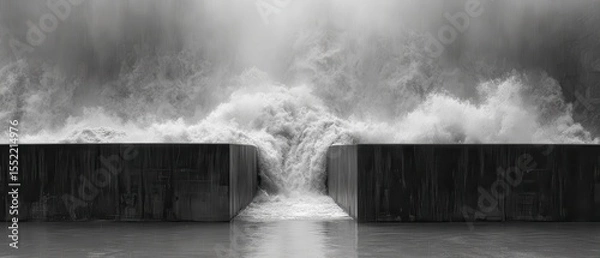 Fototapeta Minimalist Concrete Dam Holding Back Torrent of Water Enclosed Scene
