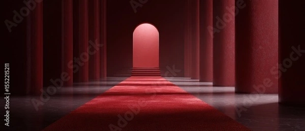 Fototapeta Minimalist Red Corridor with a Single Red Carpet and Archway Entrance