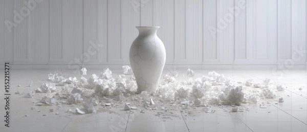 Fototapeta Minimalist White Vase Surrounded by Shattered Fragments on Floor
