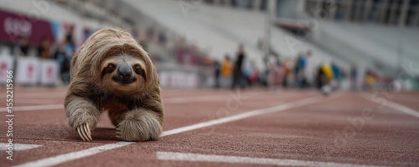 Fototapeta Sloth walking on a running track during an event with blurred spectators in the background at a sports arena
