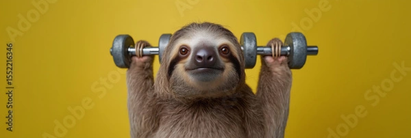 Fototapeta Sloth lifting weights in a vibrant yellow background showcasing strength and determination during a playful workout session