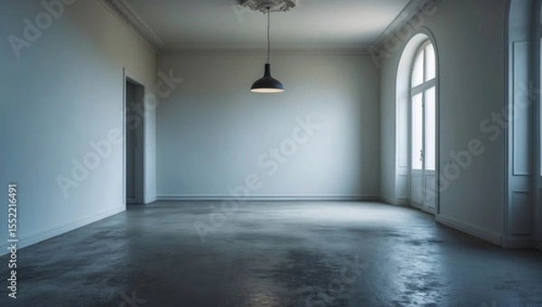 Fototapeta A spacious empty room featuring white walls and a minimalistic pendant lamp, ideal for interior design settings