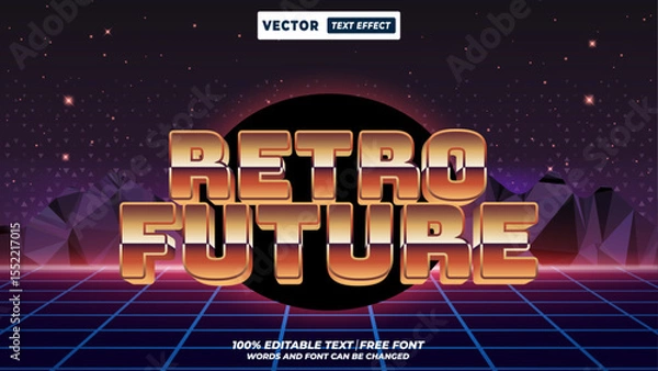 Fototapeta 80s and 90s style retro future editable vector text effect. 80s synthwave, cyberpunk, neon vaporwave, futuristic typography design with retro background. 