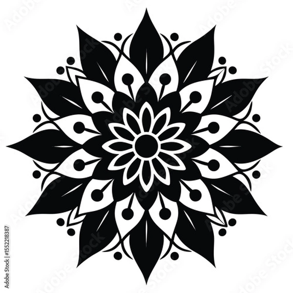 Obraz Intricate Black and White Mandala Design  Floral Symmetrical Pattern for Art, Coloring, and Meditation