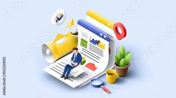 Fototapeta Business analysis tool office digital illustration professional workspace aerial view business insights