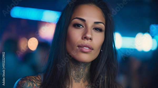 Fototapeta Captivating young woman with tattoos posing confidently at a lively nightclub, showcasing a unique blend of style and charisma in a vibrant party atmosphere