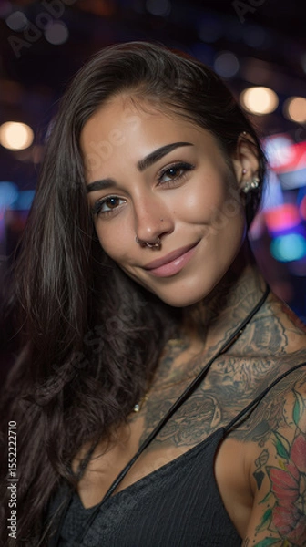 Fototapeta Smiling woman with tattoos and long dark hair captured in an urban setting with colorful bokeh lights, showcasing her unique style and confident demeanor