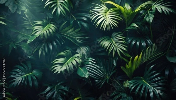 Fototapeta Tropical Leaves, Jungle Leaves Pattern Background. Selective Focus. Image For Templates, Banners, Presentations, Reports, Card.. With Empty Copy Space For Text