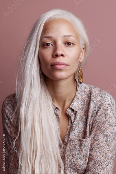 Fototapeta Elegant woman with long white hair wearing bohemian attire and statement earrings, posing against a soft pink background in a serene and contemplative moment