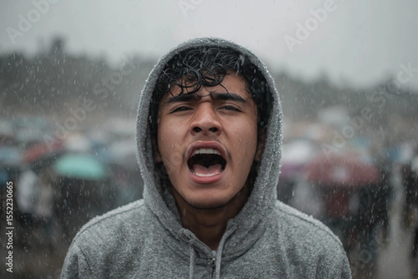 Fototapeta Young man passionately expressing emotions in heavy rain amidst a crowd with umbrellas, showcasing determination and resilience in challenging weather