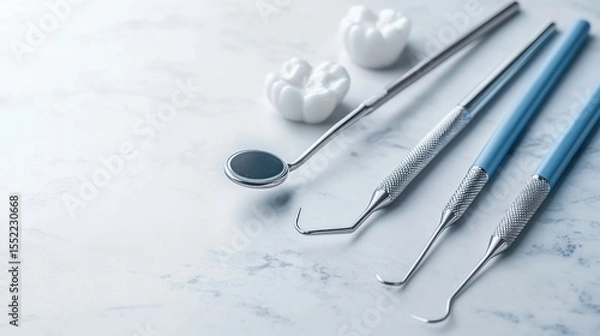 Obraz Dental tools arranged on a light surface.