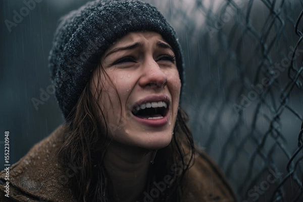 Fototapeta Woman in a rainstorm expresses deep emotion while sitting against a chain-link fence in a somber urban setting at dusk