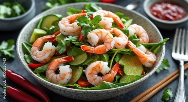 Fototapeta Spicy Salad With Raw Shrimp featuring fresh vegetables and empty space for text