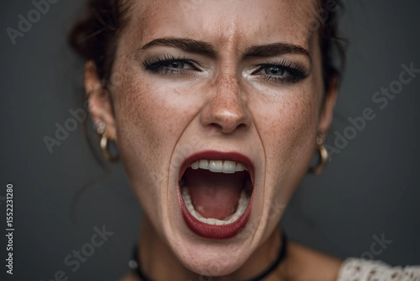 Fototapeta Emotional young woman with freckles expressing intense feelings while shouting against a dark background in a close-up portrait, showcasing her vibrant personality and bold makeup