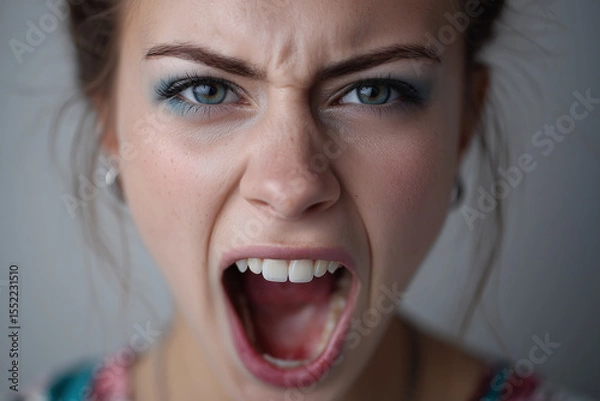 Fototapeta Young woman with piercing blue eyes and long brown hair expresses intense emotion, screaming in a neutral setting, showcasing a moment of rawness and vulnerability