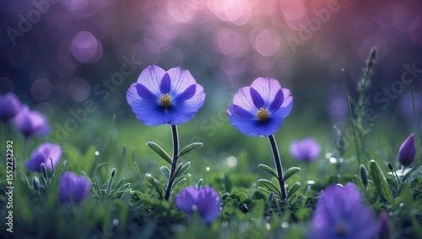 Fototapeta Close Up Of Two Purple Flowers Growing On A Rich Juicy Green Meadow, Bokeh Background, Still Life, Beautiful Amazing Fantastic Peaceful Shining Colourful Strong Nature. With Empty Copy Space For Text