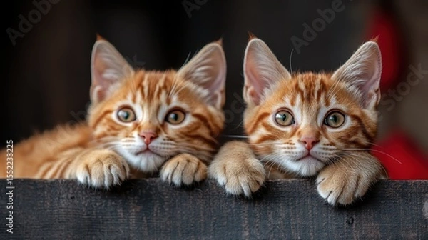 Fototapeta This image features two adorable ginger kittens with bright green eyes playfully peeking over a wooden surface, capturing the essence of curiosity and playfulness in pets.